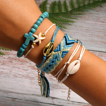 6 Pieces Puka Shell Bracelet Set Cross Beads Weave Boho Fashion Girl Friendship Charm Bracelet Summer Jewelry