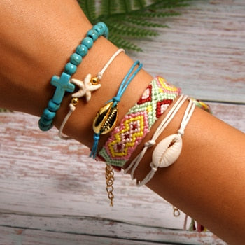 6 Pieces Puka Shell Bracelet Set Cross Beads Weave Boho Fashion Girl Friendship Charm Bracelet Summer Jewelry