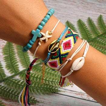 6 Pieces Puka Shell Bracelet Set Cross Beads Weave Boho Fashion Girl Friendship Charm Bracelet Summer Jewelry