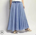 Cotton Linen Maxi Skirt Women Spring Summer Elastic Waist Vintage Solid Pleated Long Skirts Mori Girl Boho Beach Skirt