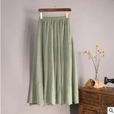 Cotton Linen Maxi Skirt Women Spring Summer Elastic Waist Vintage Solid Pleated Long Skirts Mori Girl Boho Beach Skirt