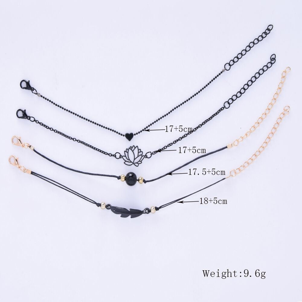 New Fashion 4PCs Black Feather Lotus Bracelets Set Heart Charm Boho Bangles For Women Wrist Chain Bracelets
