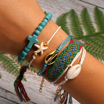 6 Pieces Puka Shell Bracelet Set Cross Beads Weave Boho Fashion Girl Friendship Charm Bracelet Summer Jewelry