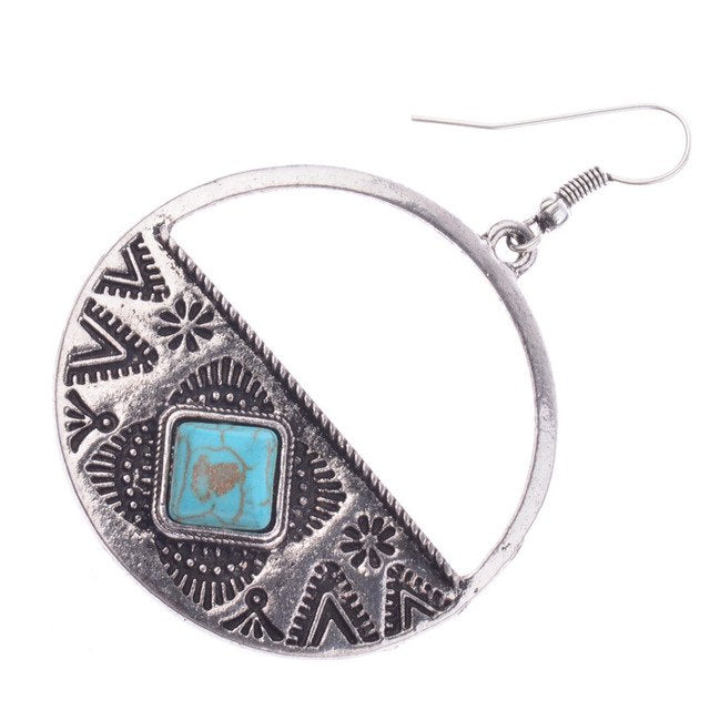 Women's Bohemia Boho Gypsy Faux Turquoises Round Carved Earrings Jewelry