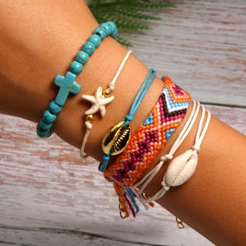 6 Pieces Puka Shell Bracelet Set Cross Beads Weave Boho Fashion Girl Friendship Charm Bracelet Summer Jewelry