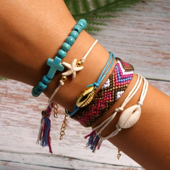 6 Pieces Puka Shell Bracelet Set Cross Beads Weave Boho Fashion Girl Friendship Charm Bracelet Summer Jewelry