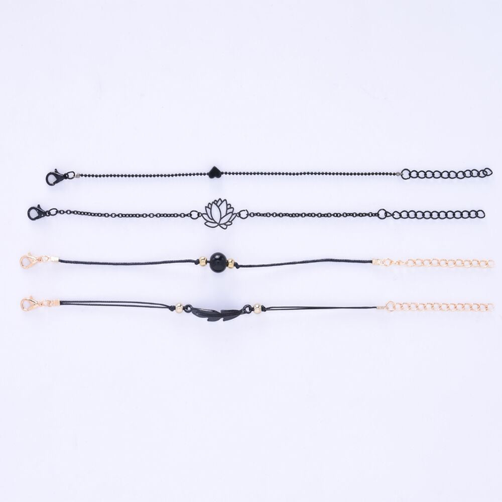 New Fashion 4PCs Black Feather Lotus Bracelets Set Heart Charm Boho Bangles For Women Wrist Chain Bracelets