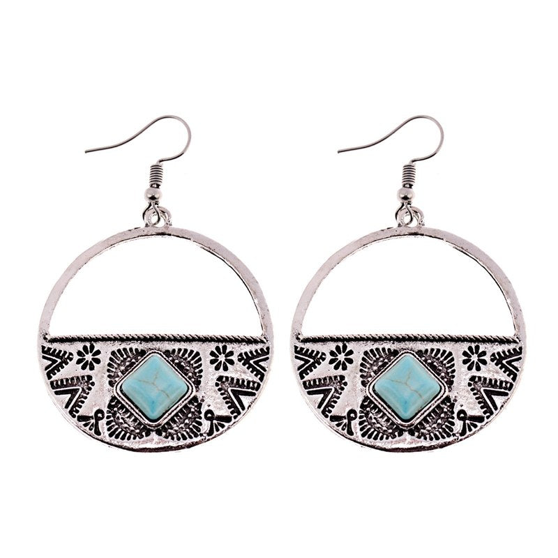 Women's Bohemia Boho Gypsy Faux Turquoises Round Carved Earrings Jewelry