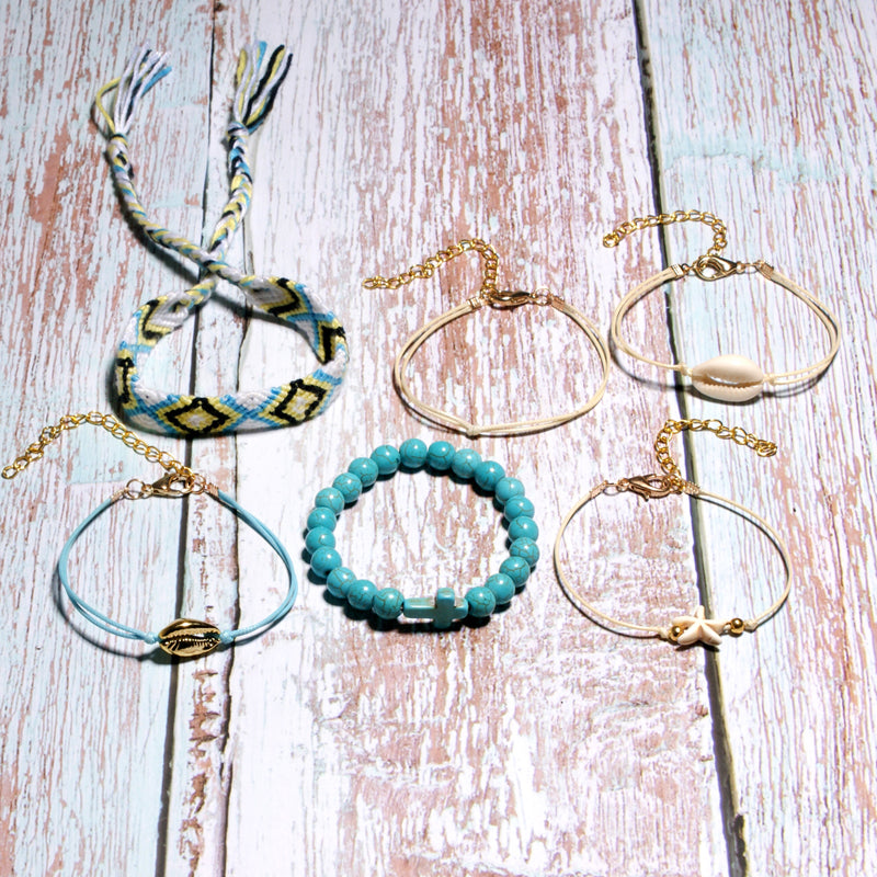 6 Pieces Puka Shell Bracelet Set Cross Beads Weave Boho Fashion Girl Friendship Charm Bracelet Summer Jewelry