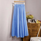 Cotton Linen Maxi Skirt Women Spring Summer Elastic Waist Vintage Solid Pleated Long Skirts Mori Girl Boho Beach Skirt