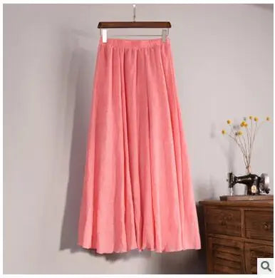Cotton Linen Maxi Skirt Women Spring Summer Elastic Waist Vintage Solid Pleated Long Skirts Mori Girl Boho Beach Skirt