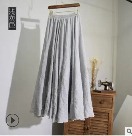 Cotton Linen Maxi Skirt Women Spring Summer Elastic Waist Vintage Solid Pleated Long Skirts Mori Girl Boho Beach Skirt