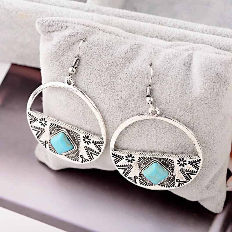 Women's Bohemia Boho Gypsy Faux Turquoises Round Carved Earrings Jewelry