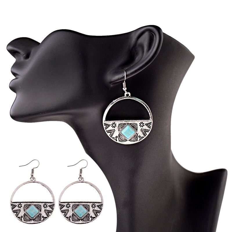 Women's Bohemia Boho Gypsy Faux Turquoises Round Carved Earrings Jewelry