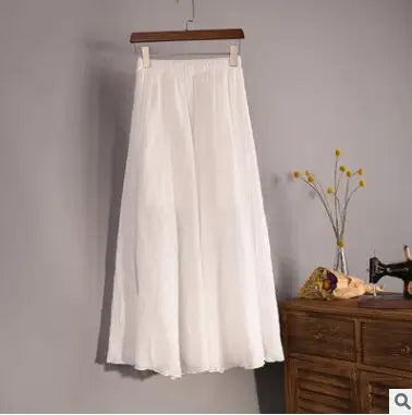 Cotton Linen Maxi Skirt Women Spring Summer Elastic Waist Vintage Solid Pleated Long Skirts Mori Girl Boho Beach Skirt