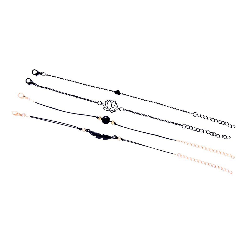 New Fashion 4PCs Black Feather Lotus Bracelets Set Heart Charm Boho Bangles For Women Wrist Chain Bracelets