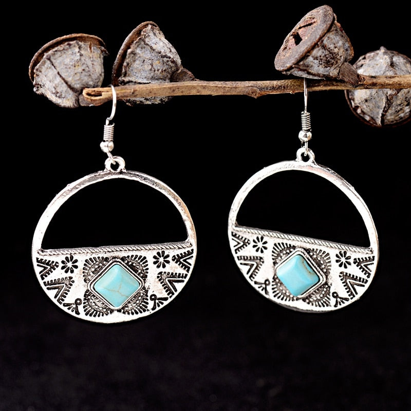Women's Bohemia Boho Gypsy Faux Turquoises Round Carved Earrings Jewelry
