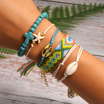 6 Pieces Puka Shell Bracelet Set Cross Beads Weave Boho Fashion Girl Friendship Charm Bracelet Summer Jewelry