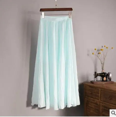 Cotton Linen Maxi Skirt Women Spring Summer Elastic Waist Vintage Solid Pleated Long Skirts Mori Girl Boho Beach Skirt