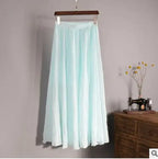 Cotton Linen Maxi Skirt Women Spring Summer Elastic Waist Vintage Solid Pleated Long Skirts Mori Girl Boho Beach Skirt