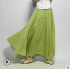 Cotton Linen Maxi Skirt Women Spring Summer Elastic Waist Vintage Solid Pleated Long Skirts Mori Girl Boho Beach Skirt