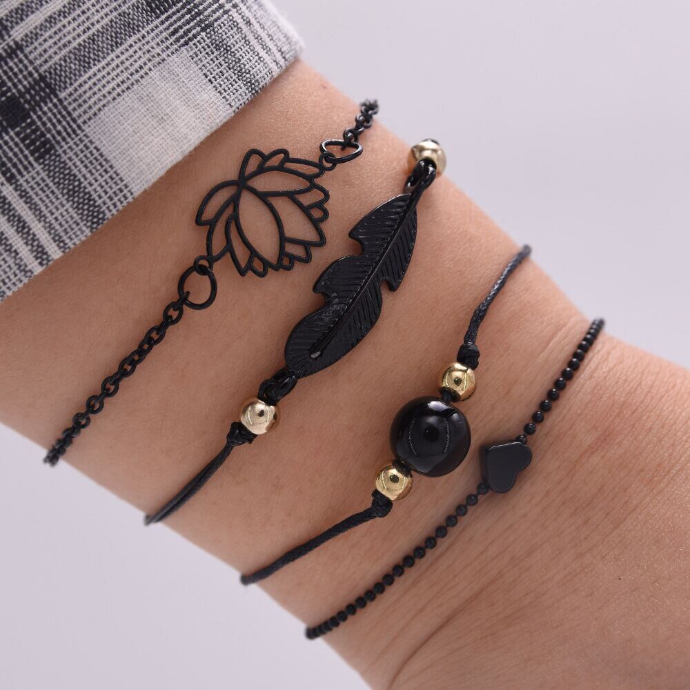 New Fashion 4PCs Black Feather Lotus Bracelets Set Heart Charm Boho Bangles For Women Wrist Chain Bracelets