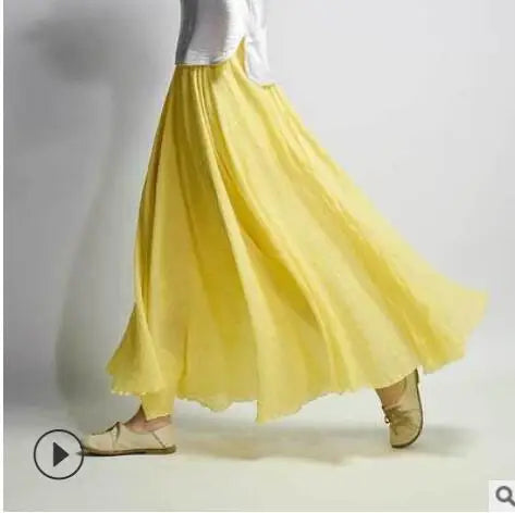 Cotton Linen Maxi Skirt Women Spring Summer Elastic Waist Vintage Solid Pleated Long Skirts Mori Girl Boho Beach Skirt