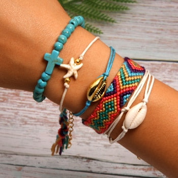 6 Pieces Puka Shell Bracelet Set Cross Beads Weave Boho Fashion Girl Friendship Charm Bracelet Summer Jewelry