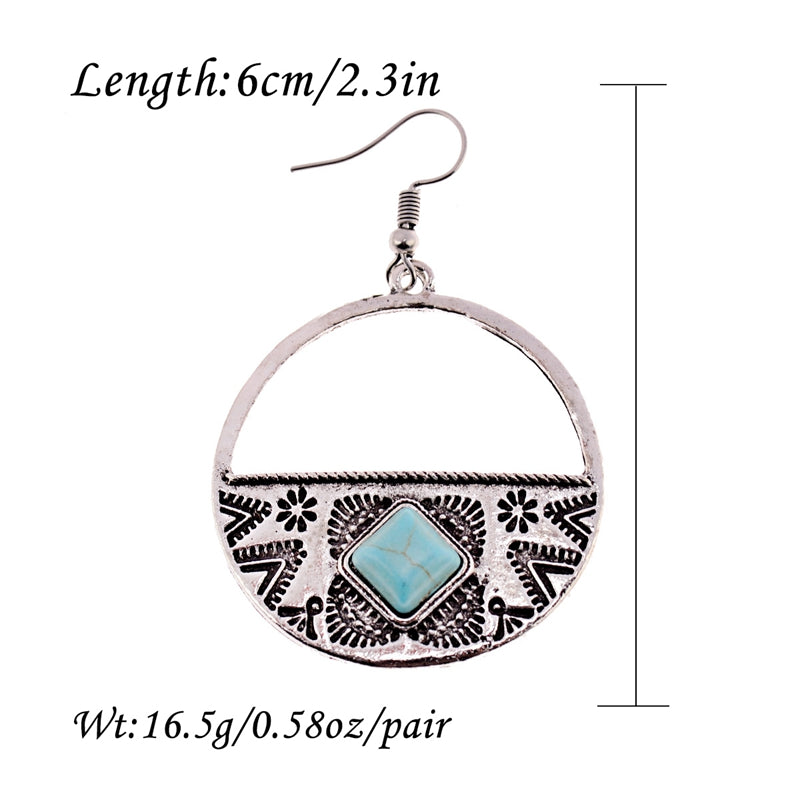 Women's Bohemia Boho Gypsy Faux Turquoises Round Carved Earrings Jewelry