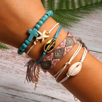 6 Pieces Puka Shell Bracelet Set Cross Beads Weave Boho Fashion Girl Friendship Charm Bracelet Summer Jewelry