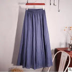 Cotton Linen Maxi Skirt Women Spring Summer Elastic Waist Vintage Solid Pleated Long Skirts Mori Girl Boho Beach Skirt