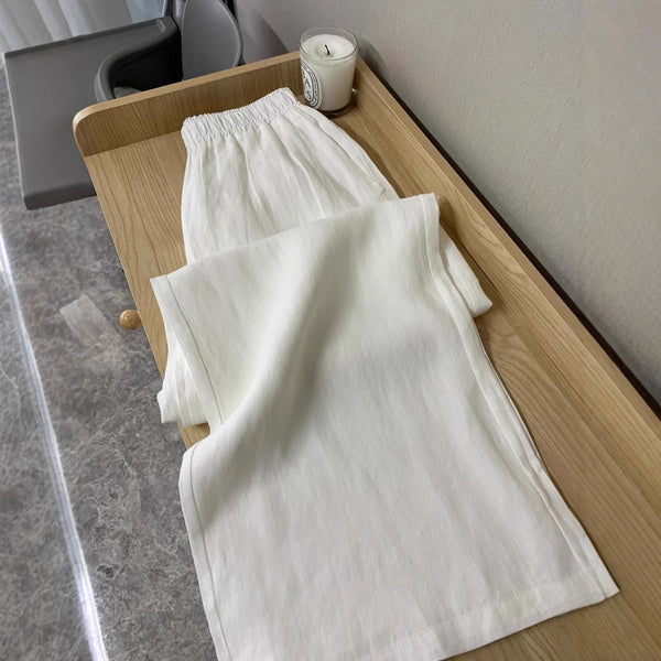 White Linen-Blend Wide-Leg Pants for Women, Summer Lightweight Loose Boho Drapey  Casual Straight Trousers