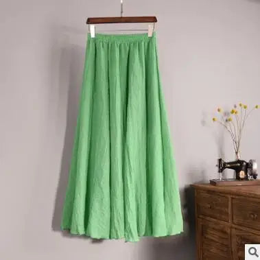 Cotton Linen Maxi Skirt Women Spring Summer Elastic Waist Vintage Solid Pleated Long Skirts Mori Girl Boho Beach Skirt