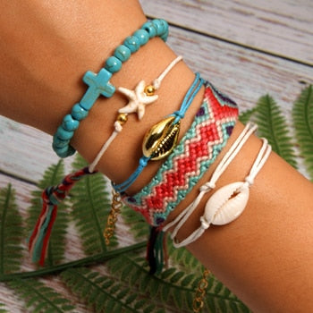 6 Pieces Puka Shell Bracelet Set Cross Beads Weave Boho Fashion Girl Friendship Charm Bracelet Summer Jewelry