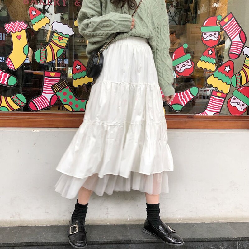 Women Boho Long Skirt High Waist Ruffles White Beach Skirts Pink Jupe Femme Tulle Skirt Saia Midi Faldas