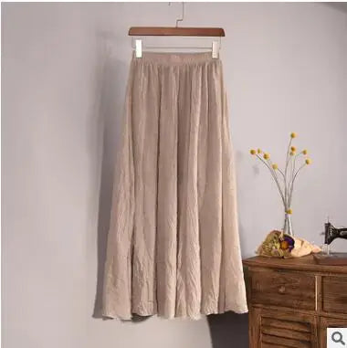 Cotton Linen Maxi Skirt Women Spring Summer Elastic Waist Vintage Solid Pleated Long Skirts Mori Girl Boho Beach Skirt