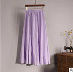 Cotton Linen Maxi Skirt Women Spring Summer Elastic Waist Vintage Solid Pleated Long Skirts Mori Girl Boho Beach Skirt