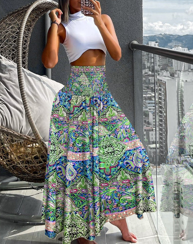 Women's Long Skirt Beach Boho Print Skirts for Women  Summer Casual Elastic High Waist Big Swing Maxi Skirts Vacation Robe