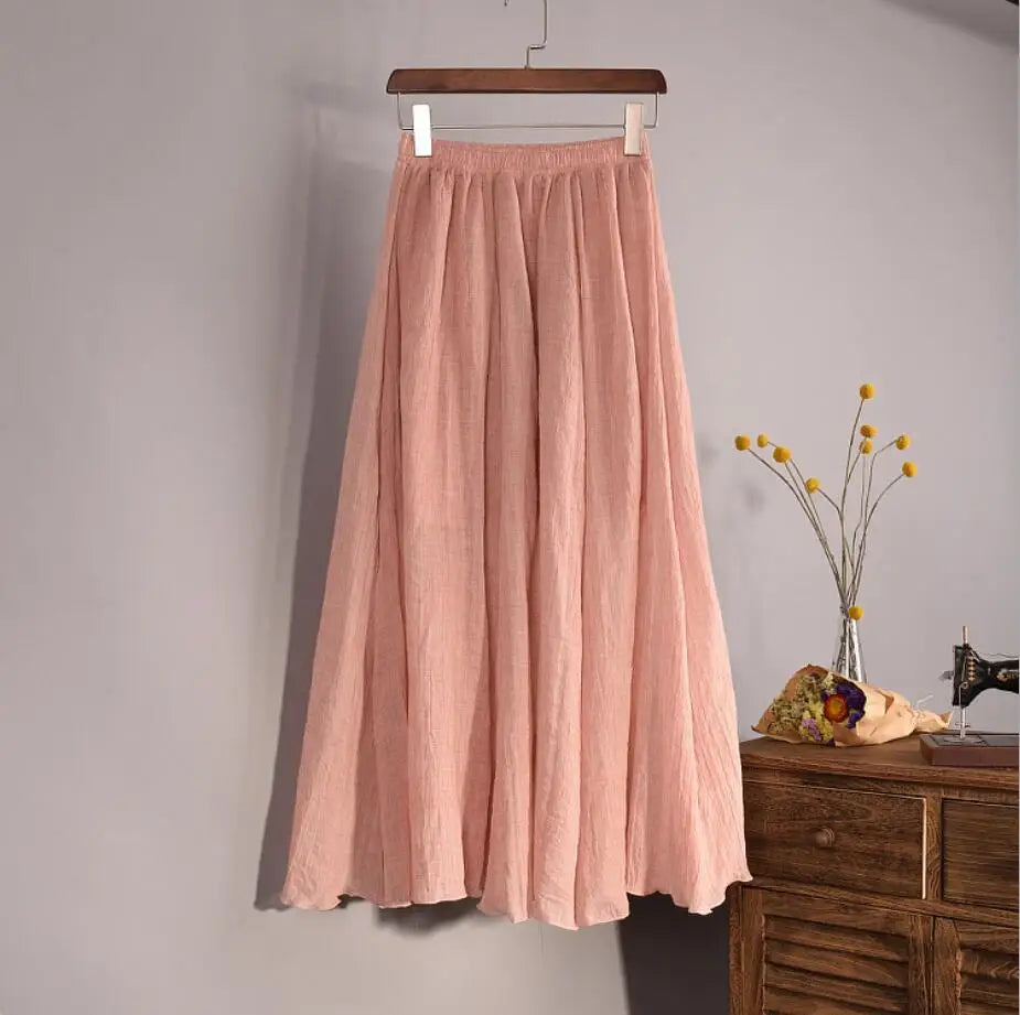Cotton Linen Maxi Skirt Women Spring Summer Elastic Waist Vintage Solid Pleated Long Skirts Mori Girl Boho Beach Skirt