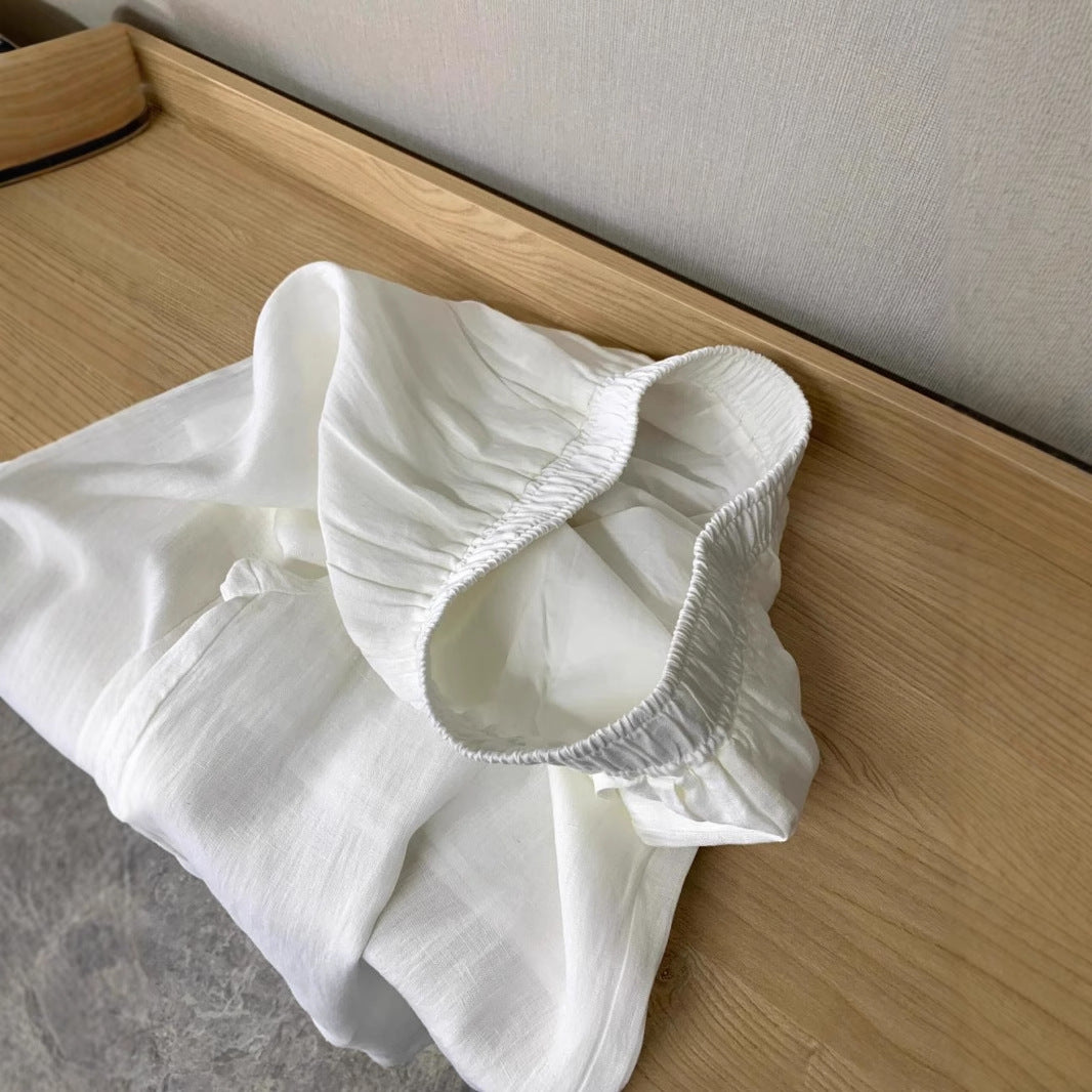 White Linen-Blend Wide-Leg Pants for Women, Summer Lightweight Loose Boho Drapey  Casual Straight Trousers