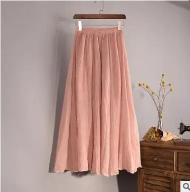 Cotton Linen Maxi Skirt Women Spring Summer Elastic Waist Vintage Solid Pleated Long Skirts Mori Girl Boho Beach Skirt