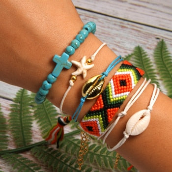 6 Pieces Puka Shell Bracelet Set Cross Beads Weave Boho Fashion Girl Friendship Charm Bracelet Summer Jewelry