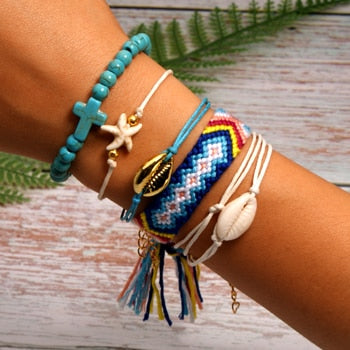 6 Pieces Puka Shell Bracelet Set Cross Beads Weave Boho Fashion Girl Friendship Charm Bracelet Summer Jewelry