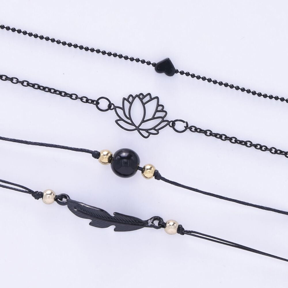 New Fashion 4PCs Black Feather Lotus Bracelets Set Heart Charm Boho Bangles For Women Wrist Chain Bracelets