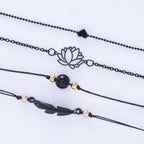 New Fashion 4PCs Black Feather Lotus Bracelets Set Heart Charm Boho Bangles For Women Wrist Chain Bracelets