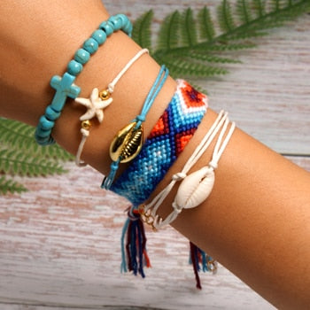 6 Pieces Puka Shell Bracelet Set Cross Beads Weave Boho Fashion Girl Friendship Charm Bracelet Summer Jewelry