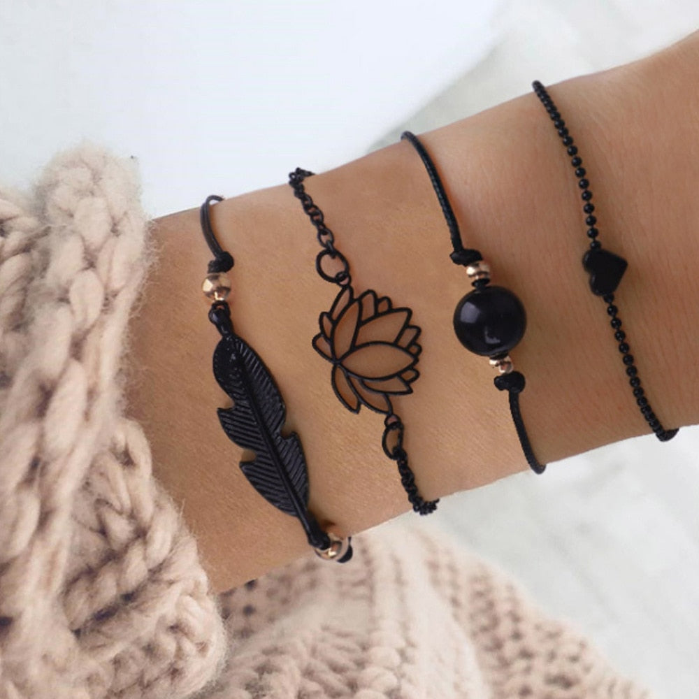 New Fashion 4PCs Black Feather Lotus Bracelets Set Heart Charm Boho Bangles For Women Wrist Chain Bracelets