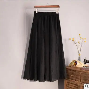 Cotton Linen Maxi Skirt Women Spring Summer Elastic Waist Vintage Solid Pleated Long Skirts Mori Girl Boho Beach Skirt