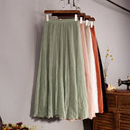 Cotton Linen Maxi Skirt Women Spring Summer Elastic Waist Vintage Solid Pleated Long Skirts Mori Girl Boho Beach Skirt